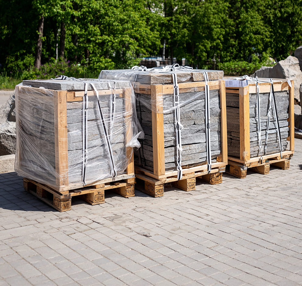 Stacked pallets of natural cut stone slabs wrapped in plastic for outdoor paving and wall cladding.