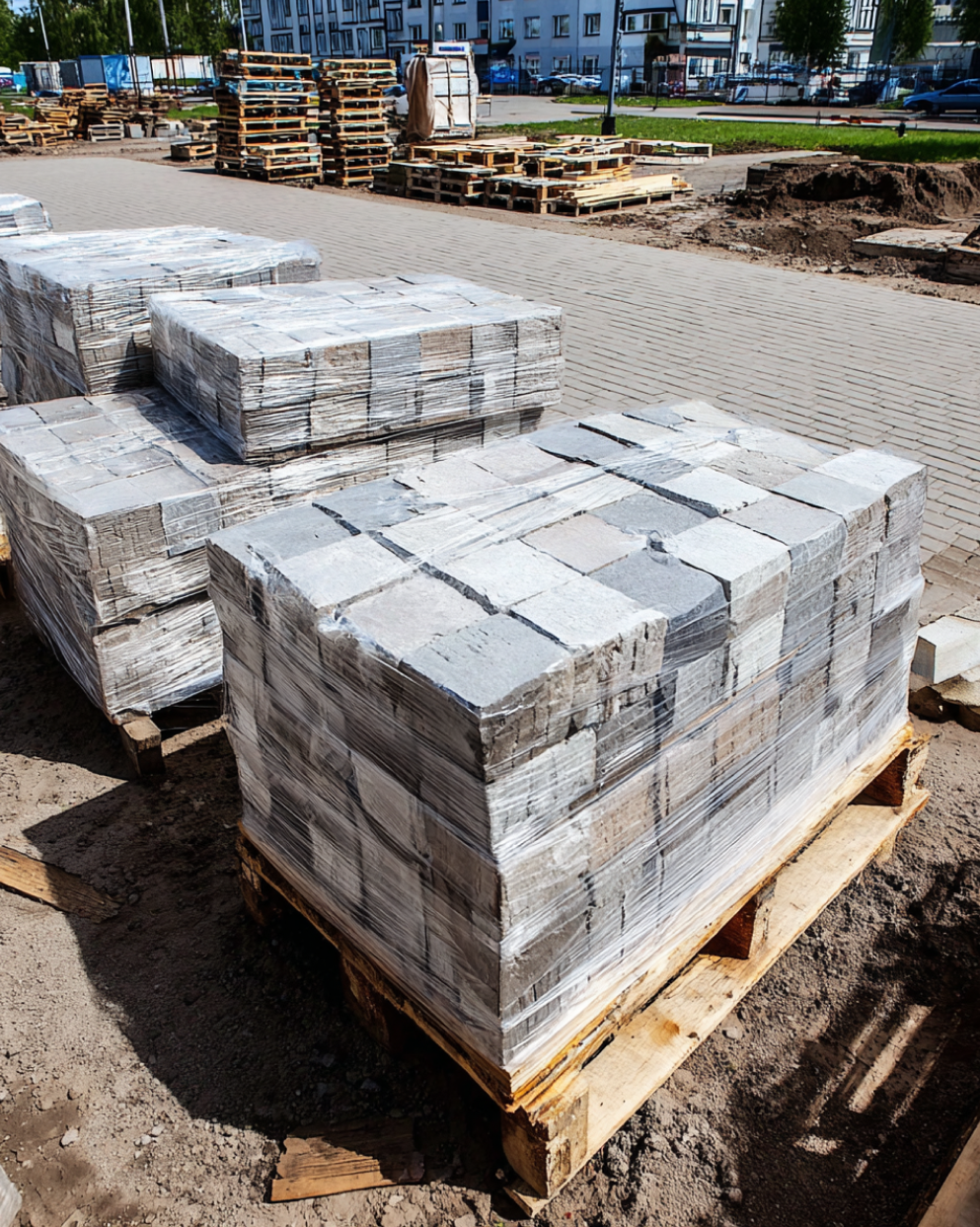 Grey paving stone blocks wrapped on pallets, ready for patio, driveway, or walkway installation.