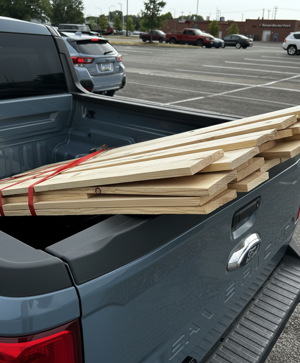 Lumber boards stacked in pickup truck bed – DIY home improvement materials