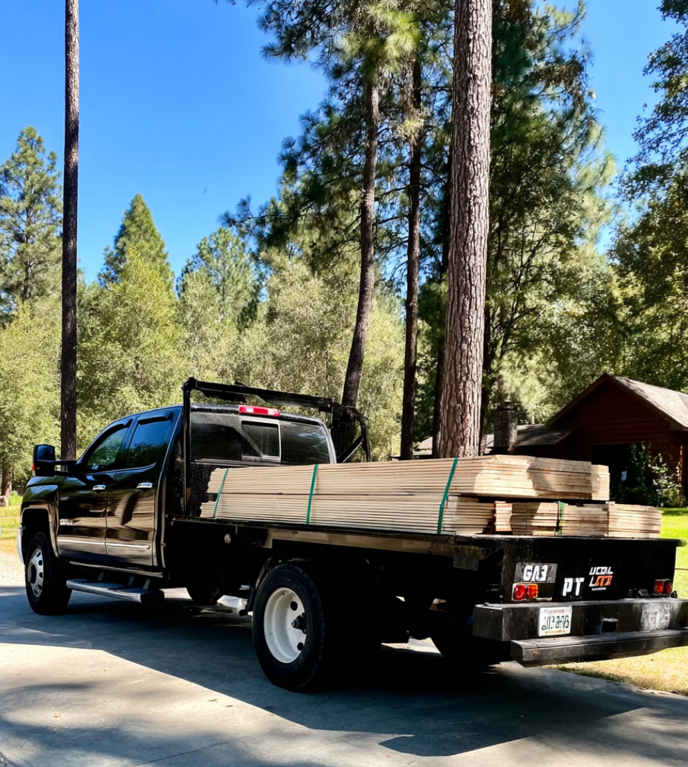 Black flatbed truck hauling lumber stacks in forested driveway – timber transport