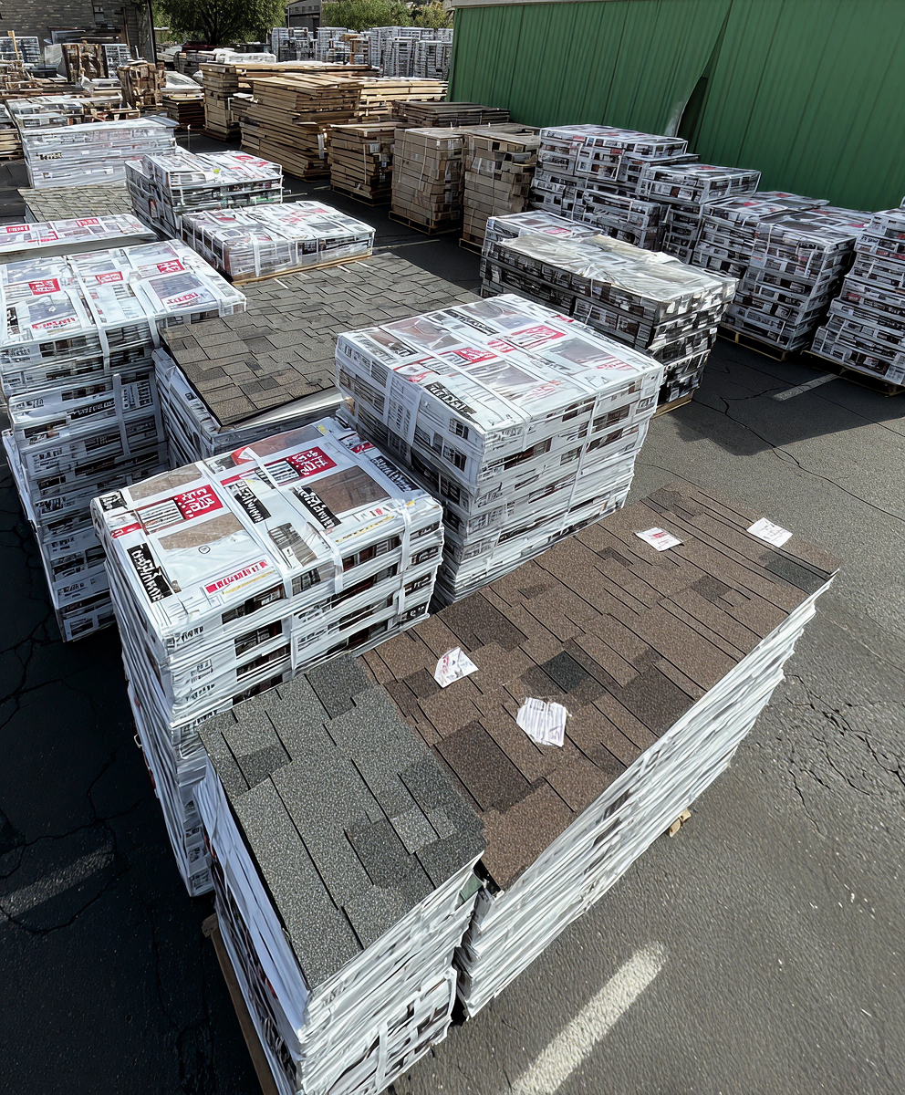 Stacks of packaged asphalt shingles in multiple colors stored at roofing supply yard