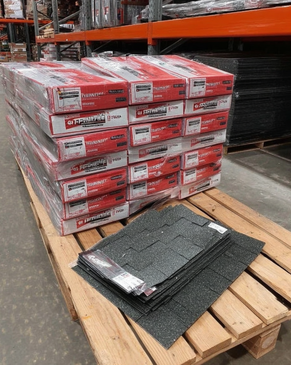 Bundles of red-labeled asphalt shingles with sample sheets in warehouse supply store