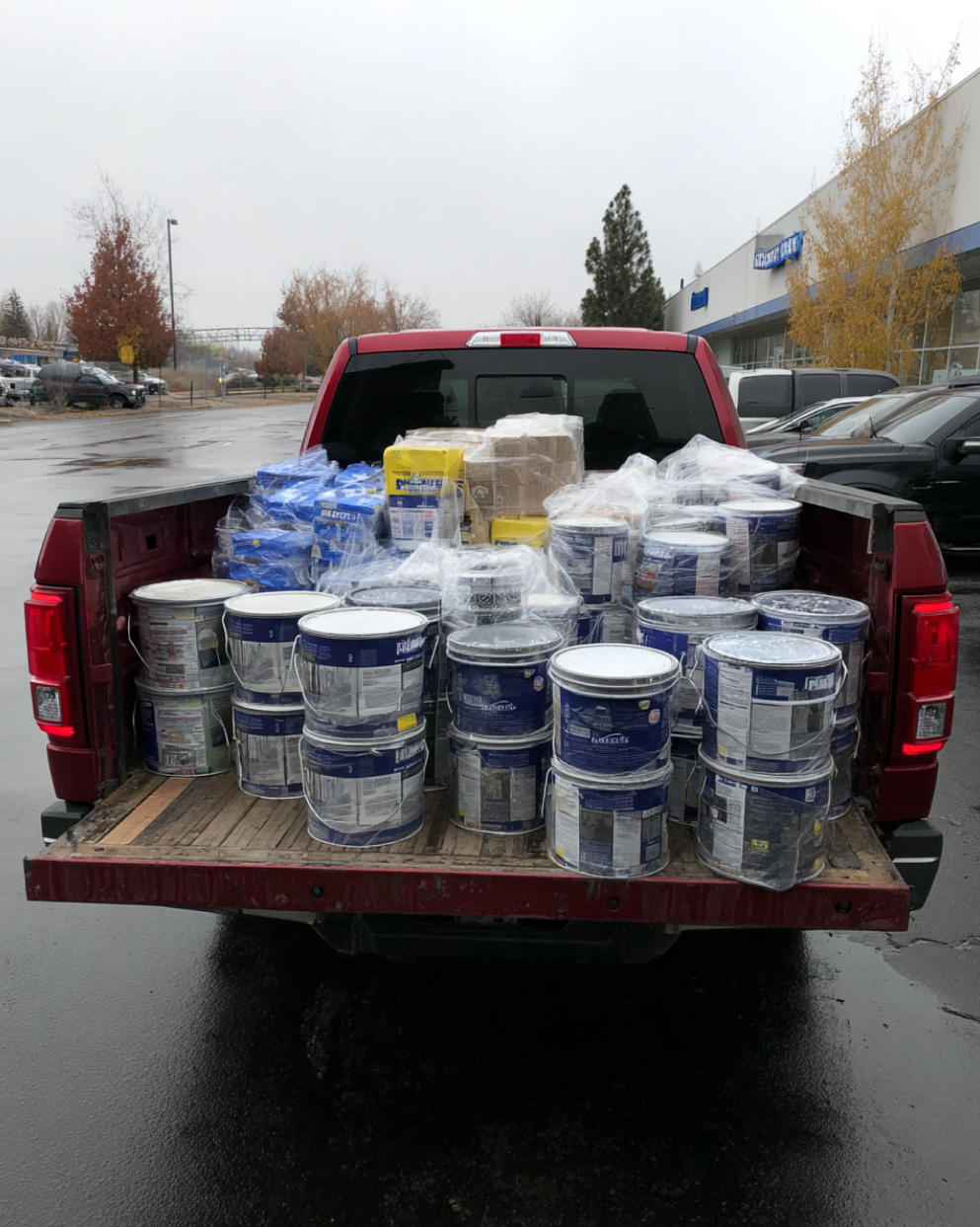 Red pickup truck fully loaded with blue-lid paint buckets and supply boxes for delivery.