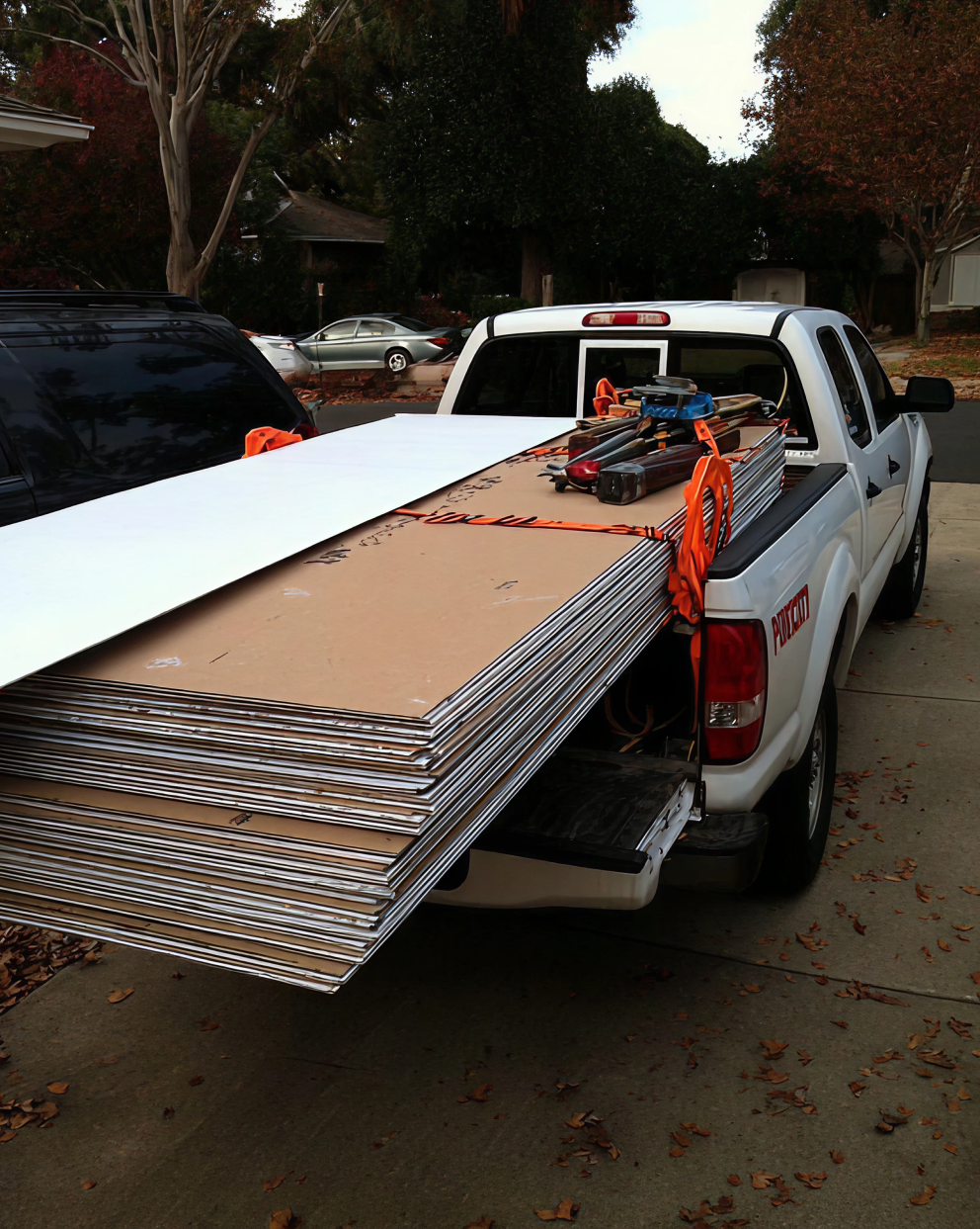 Pickup truck transporting drywall sheets securely strapped for residential construction project.