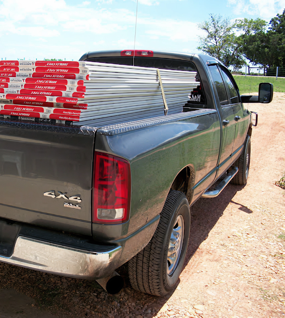 Drywall boards stacked in a truck bed for commercial sheetrock delivery to a job site.