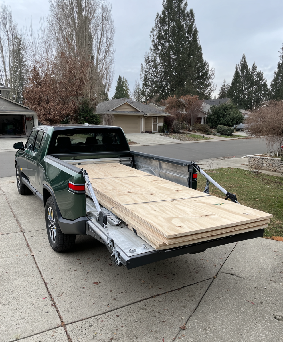 Stack of light plywood sheets neatly loaded in the bed of a green pickup truck parked in a suburban neighborhood.