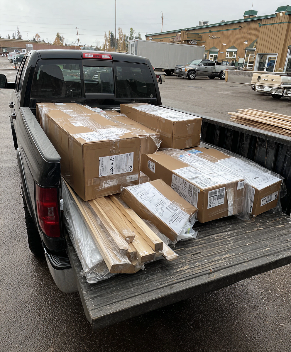 Pickup truck loaded with boxed bathroom vanities and wooden trim pieces for delivery.