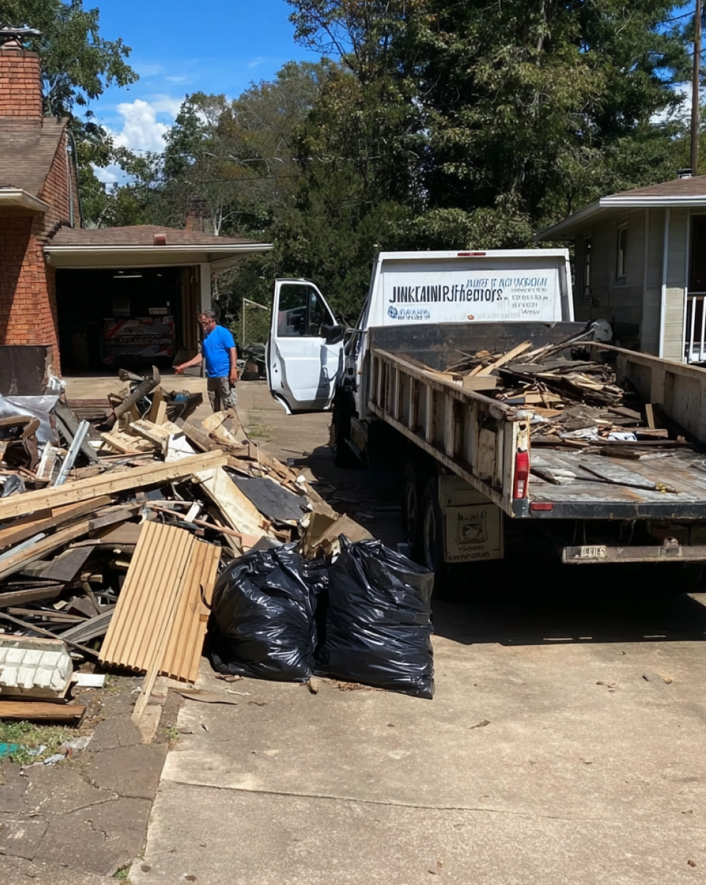 A junk removal truck parked in a driveway being loaded with construction debris and wood scraps, while a worker in a blue shirt organizes the materials.