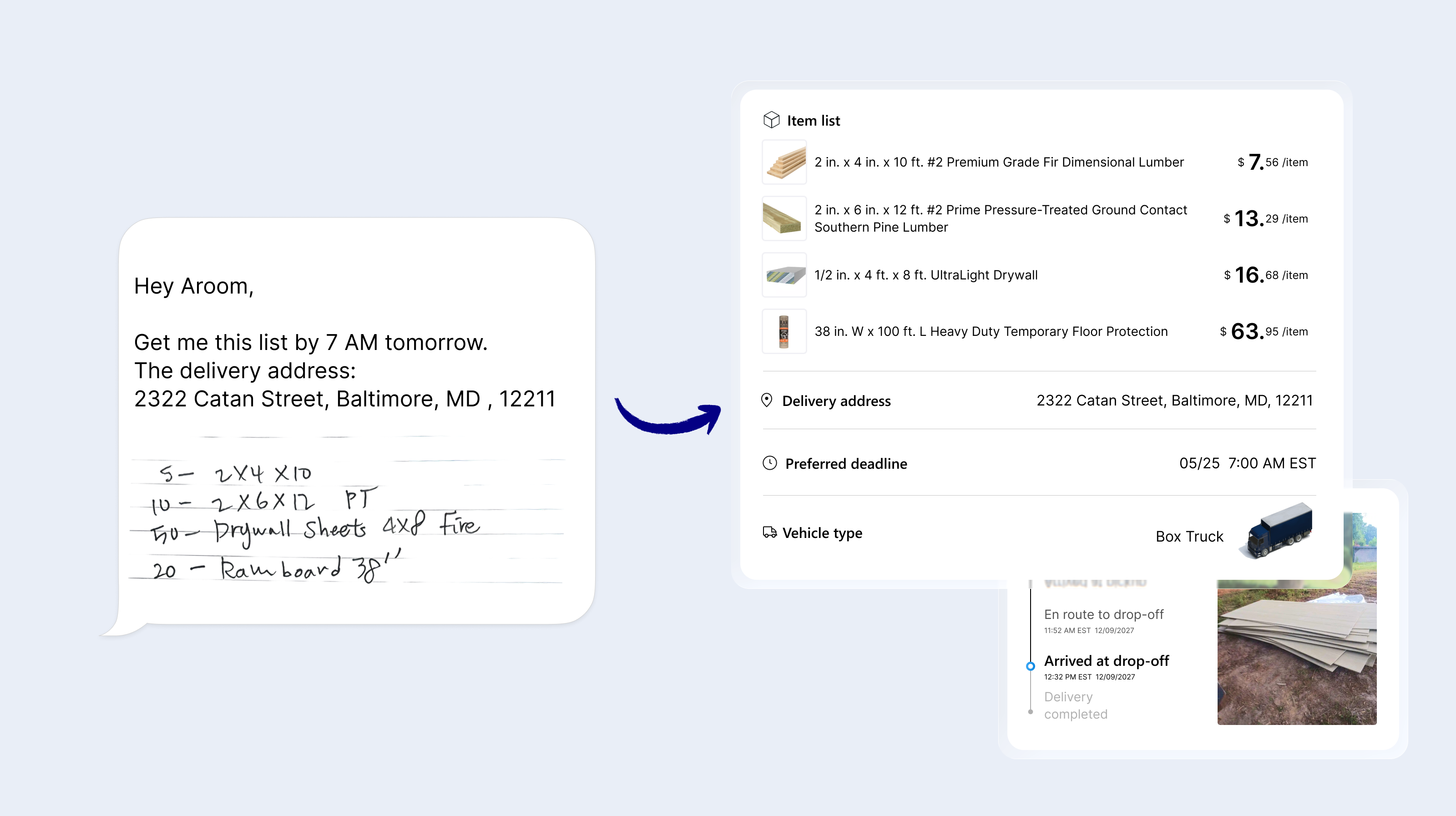 Aroom box truck is loading materials at the lumber store. There is a house construction scene at the back