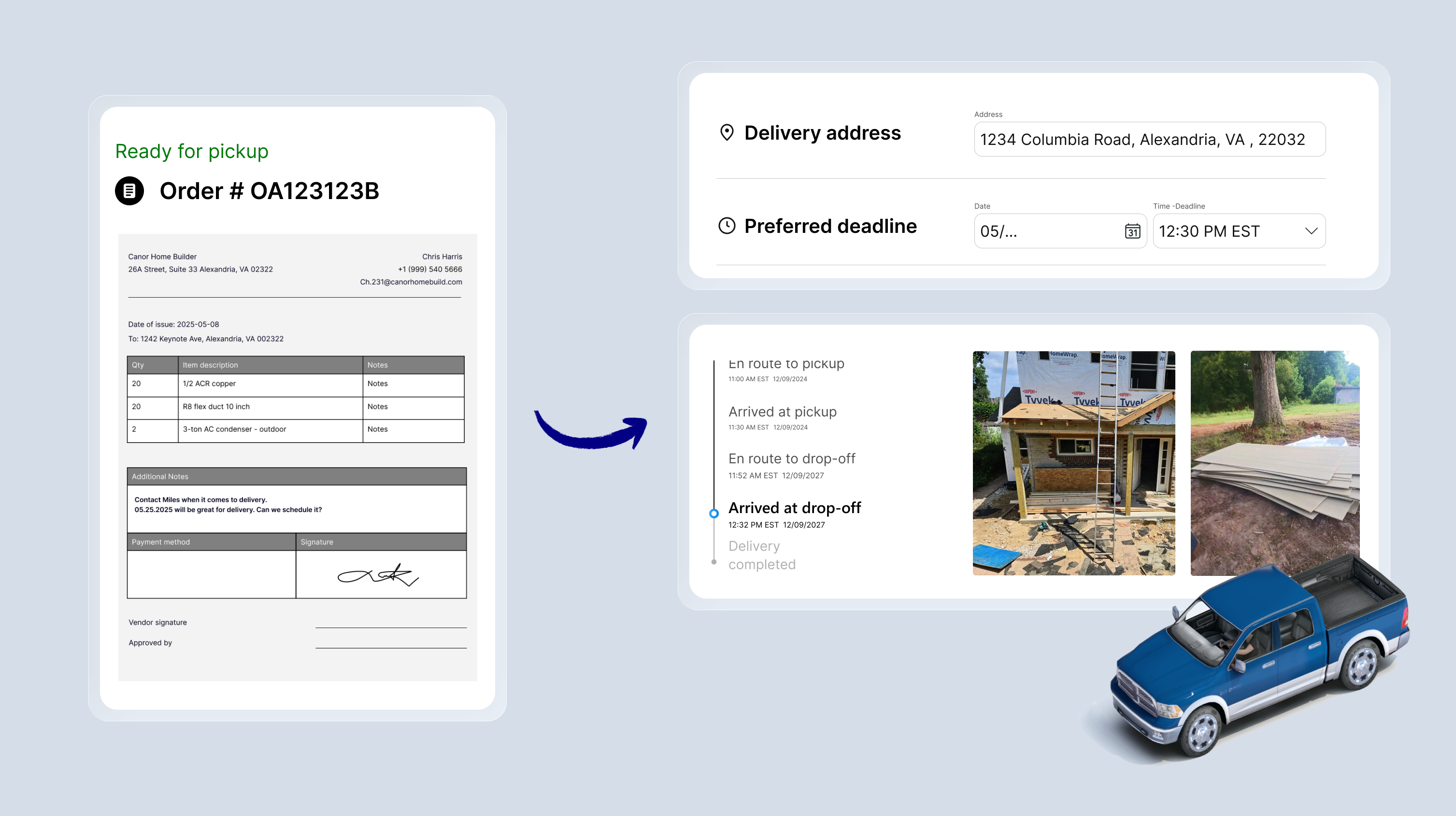 Aroom box truck is loading materials at the lumber store. There is a house construction scene at the back