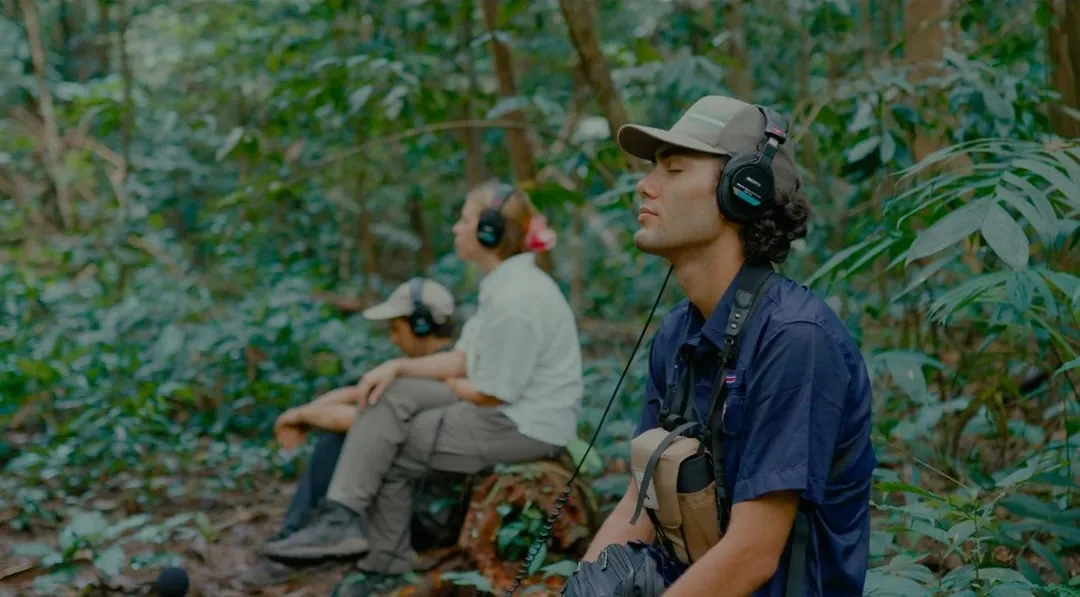 People with headphones listening to the sound of nature