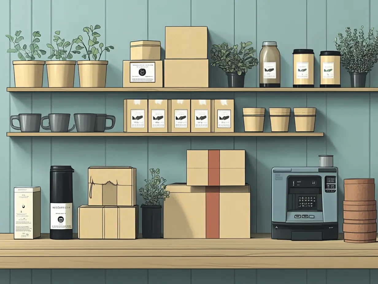 Warm-toned e-commerce packaging workspace with neatly wrapped boxes, shipping label printer, branded tape, and packing materials in orange, red, and yellow hues, creating a cozy, customer-focused setup.