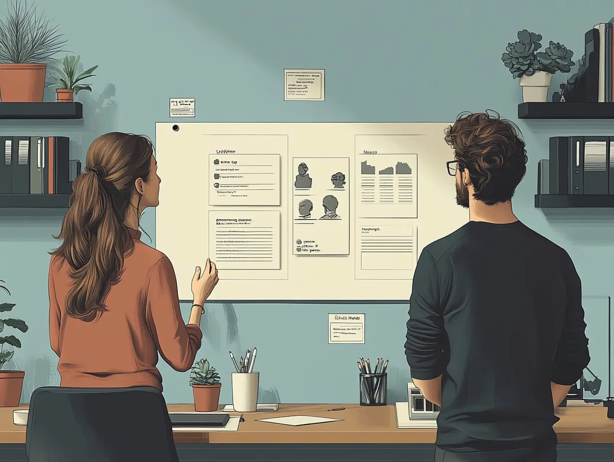 Business partners brainstorming user personas on a whiteboard inside of small boutique office.