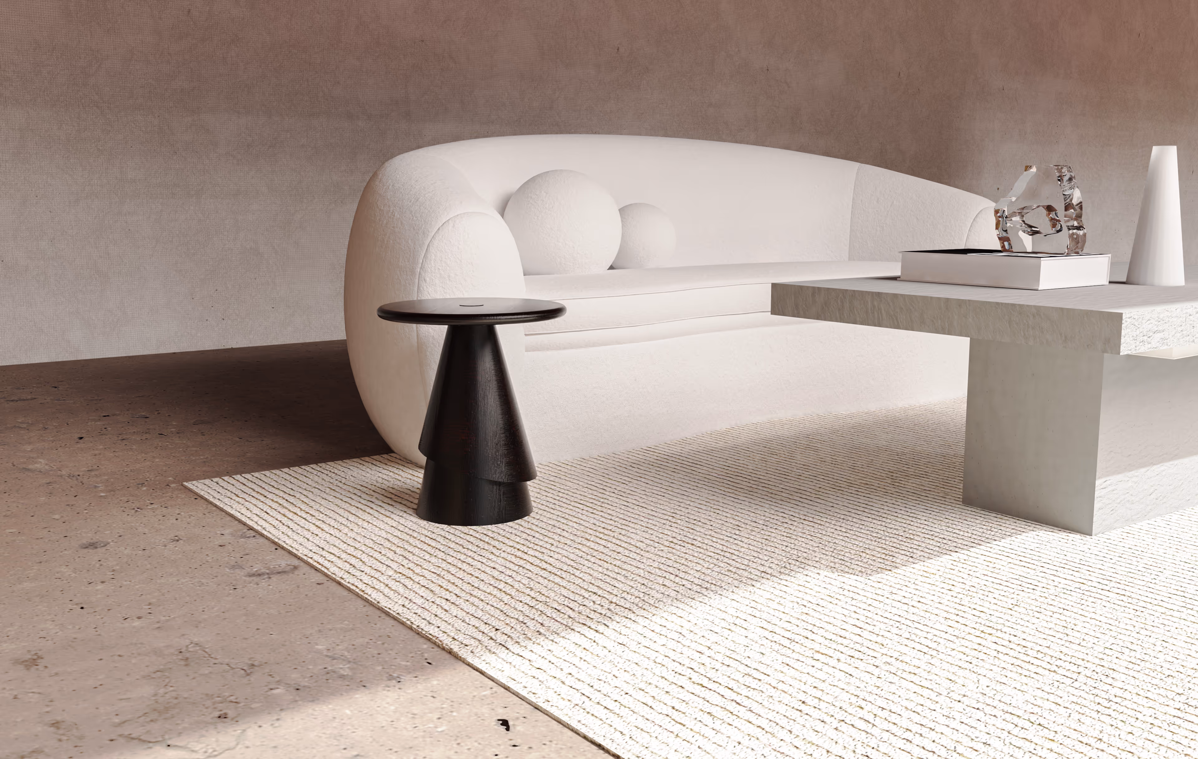 Round timber side table on red rug next to white chair in a living room