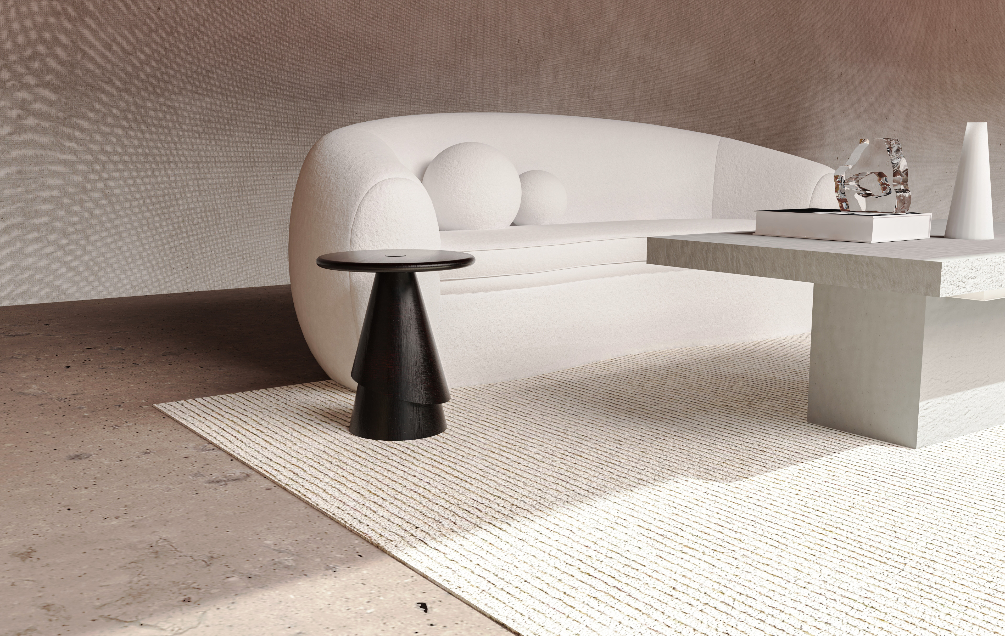 Round timber side table on red rug next to white chair in a living room