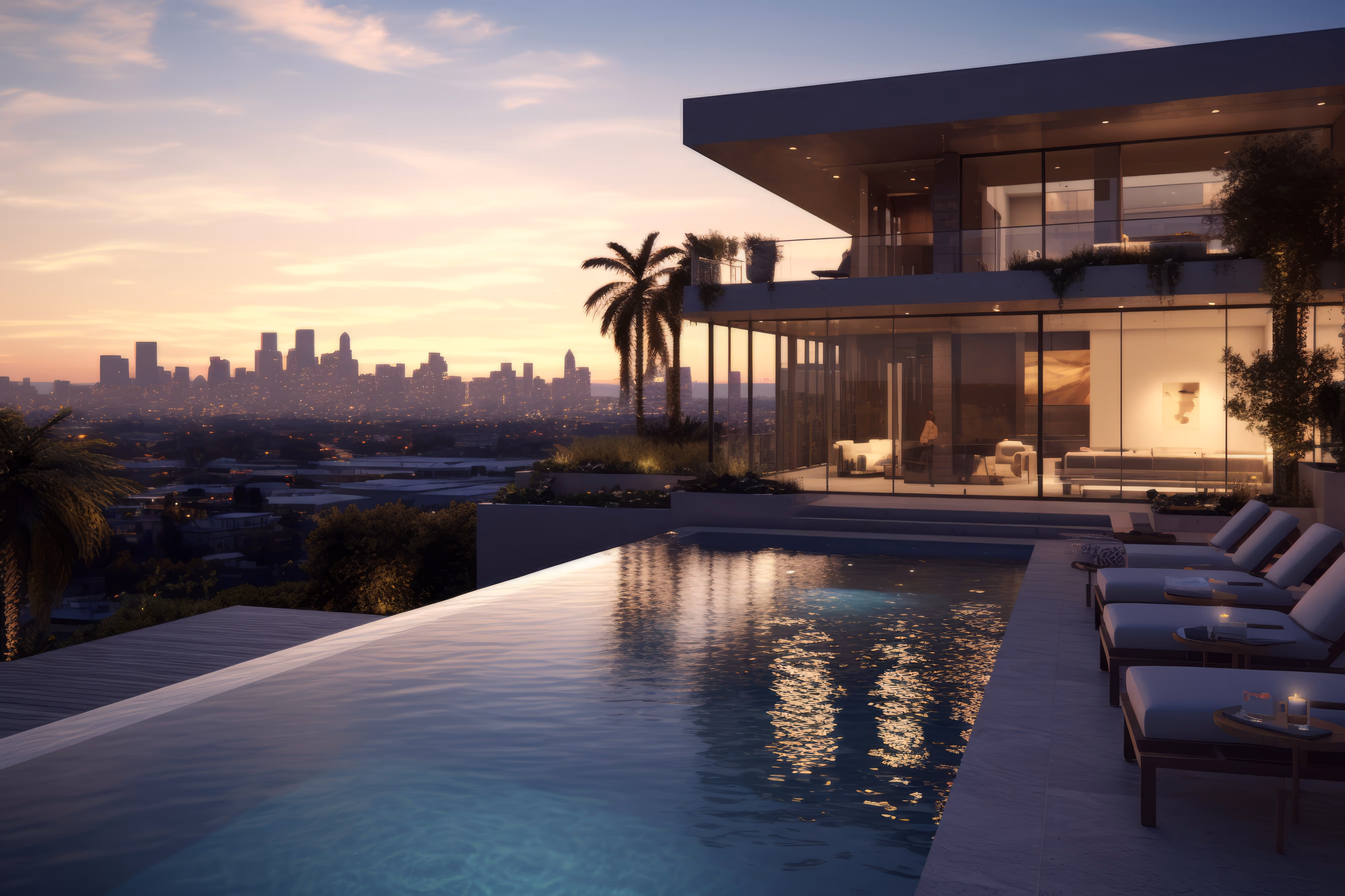 Modern glass house with lit interior and palm trees beside an infinity pool at sunset overlooking city skyline.