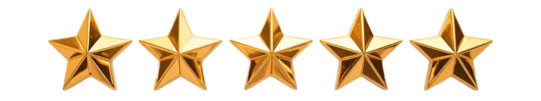 Five shiny gold stars in a row on a white background.