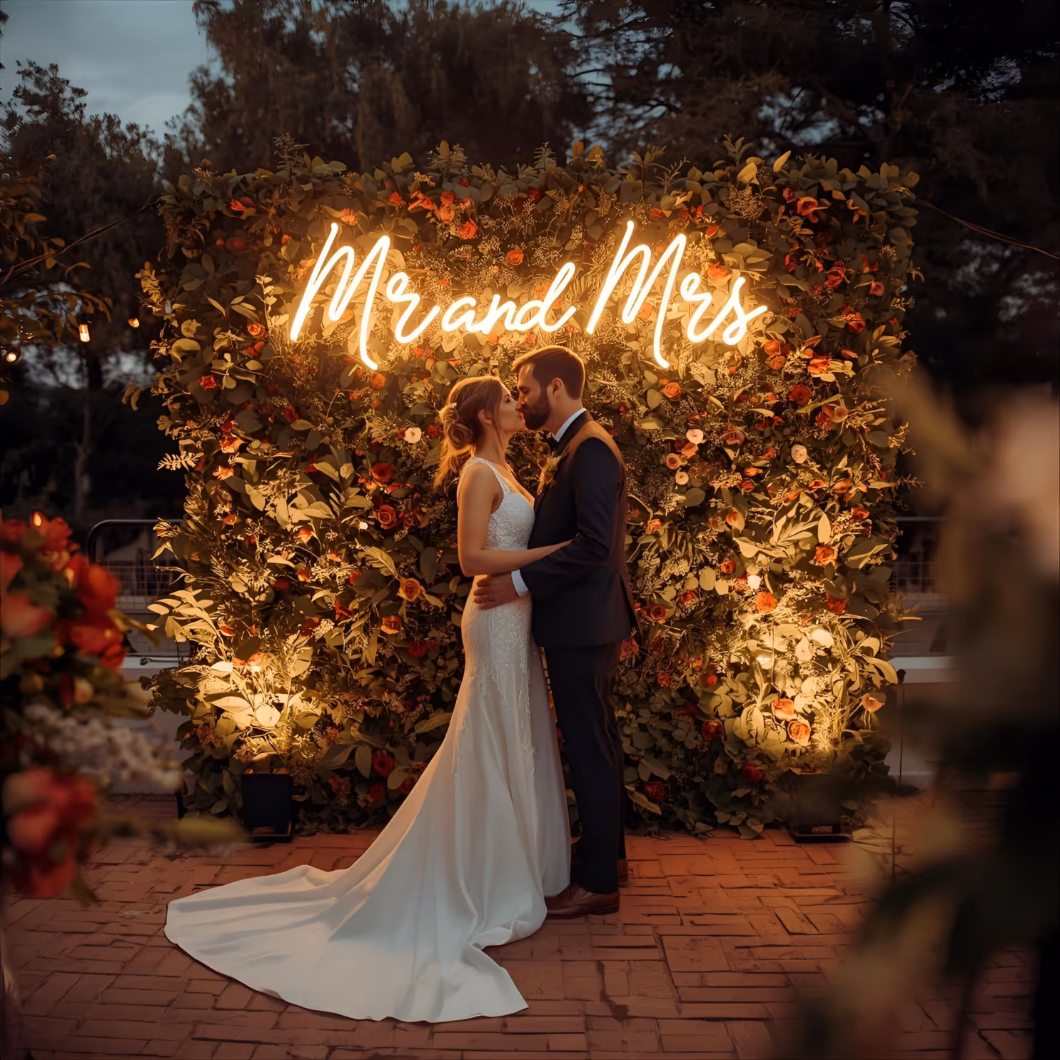 Bride and groom kissing in front of a floral wall with illuminated 'Mr and Mrs' sign at dusk.