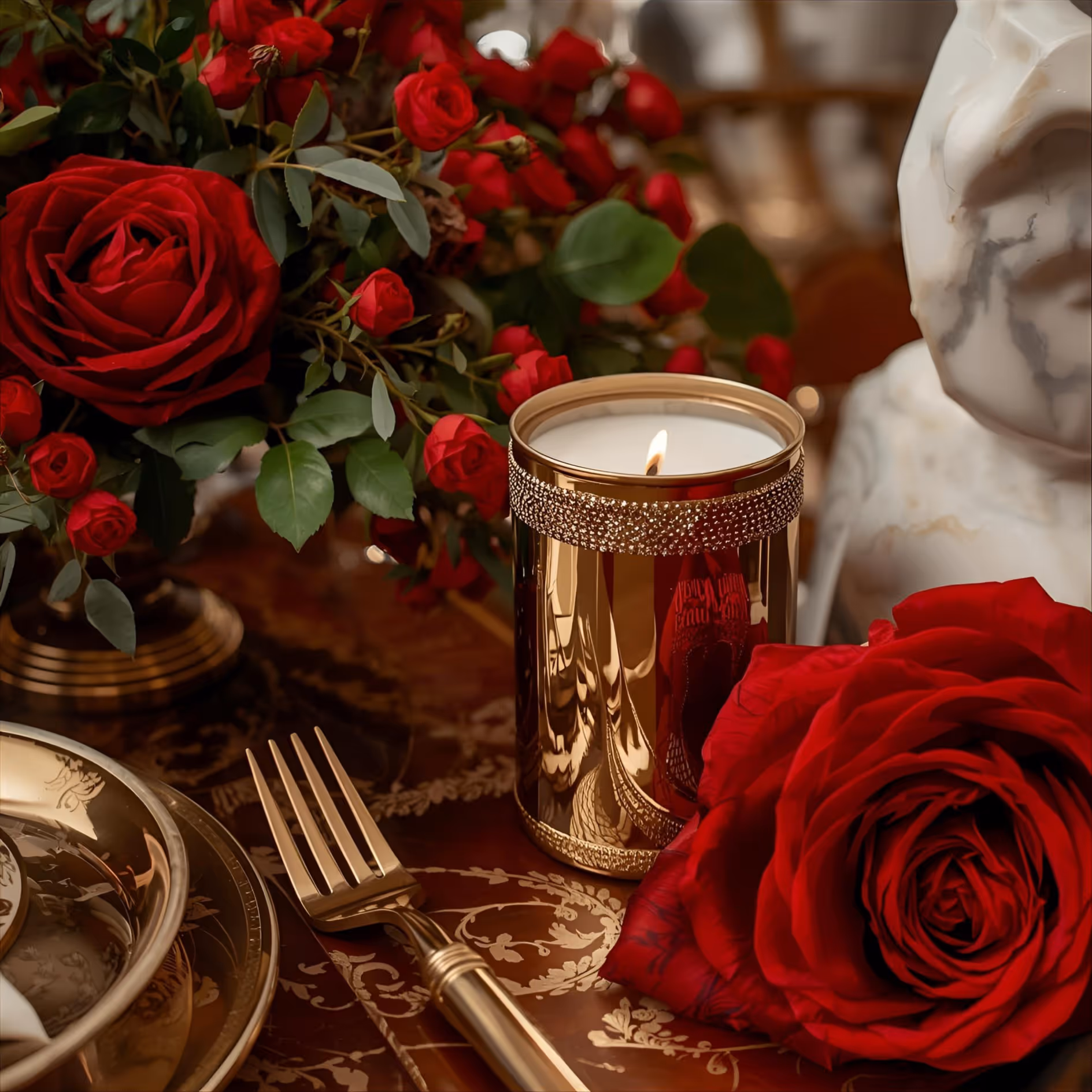 Table setting with a burning candle in a gold holder, red roses, gold fork, and decorative plates.