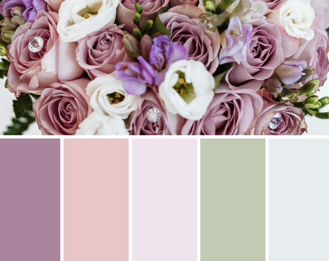 A bouquet of mauve and white roses with soft purple accents, displayed above a coordinating color palette featuring mauve, blush pink, light lavender, sage green, and pale grey.