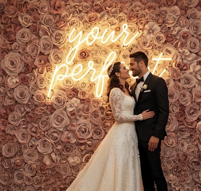 A bride and groom stand embracing in front of a blush-rose flower wall featuring a glowing neon sign that reads “your perfect.” The bride wears a long-sleeved white gown with a long train, while the groom is dressed in a black suit.