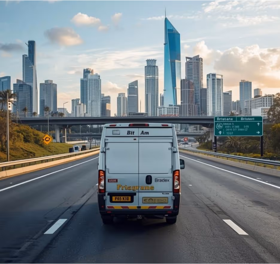 White delivery van driving on a highway toward a city skyline with tall modern buildings.