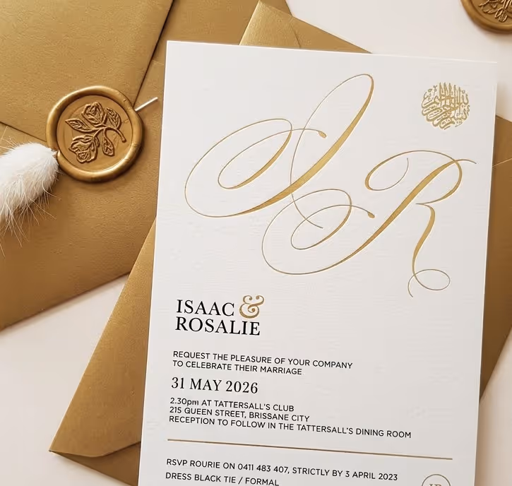 Wedding invitation for Isaac and Rosalie dated 31 May 2026 with gold seals on brown envelopes.
