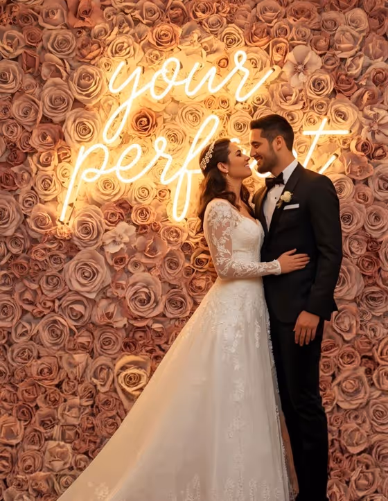 Bride and groom in wedding attire embrace in front of rose wall with glowing 'your perfect' sign.