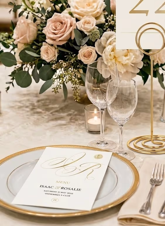 Elegant table setting with gold-rimmed plates, floral centerpiece, wine glasses, and customized menu card.