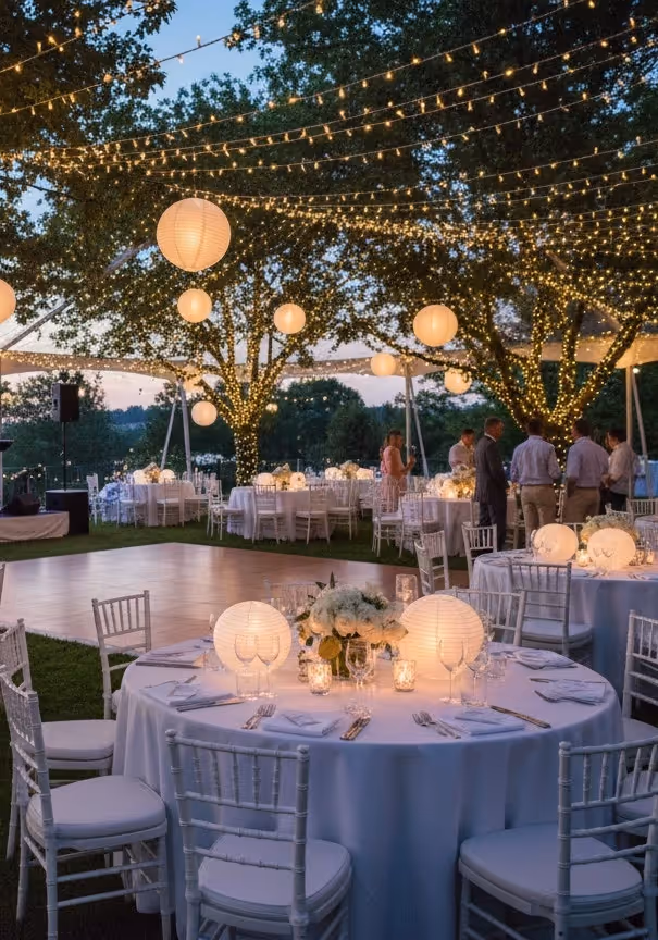 Outdoor evening event with round tables, white chairs, and warm hanging lanterns and string lights.