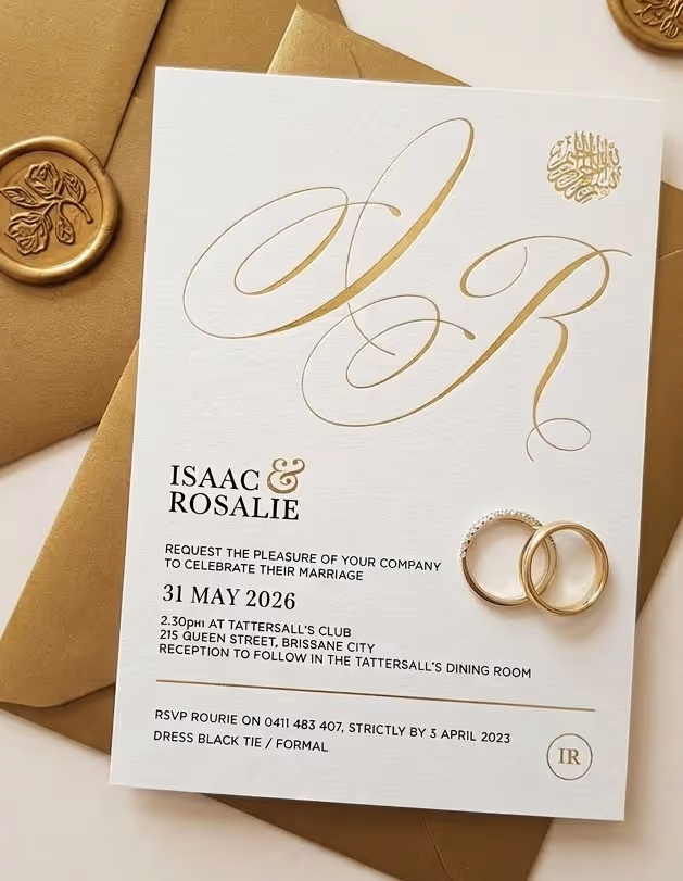 Wedding invitation for Isaac and Rosalie on 31 May 2026 with gold rings and stylish gold envelopes.