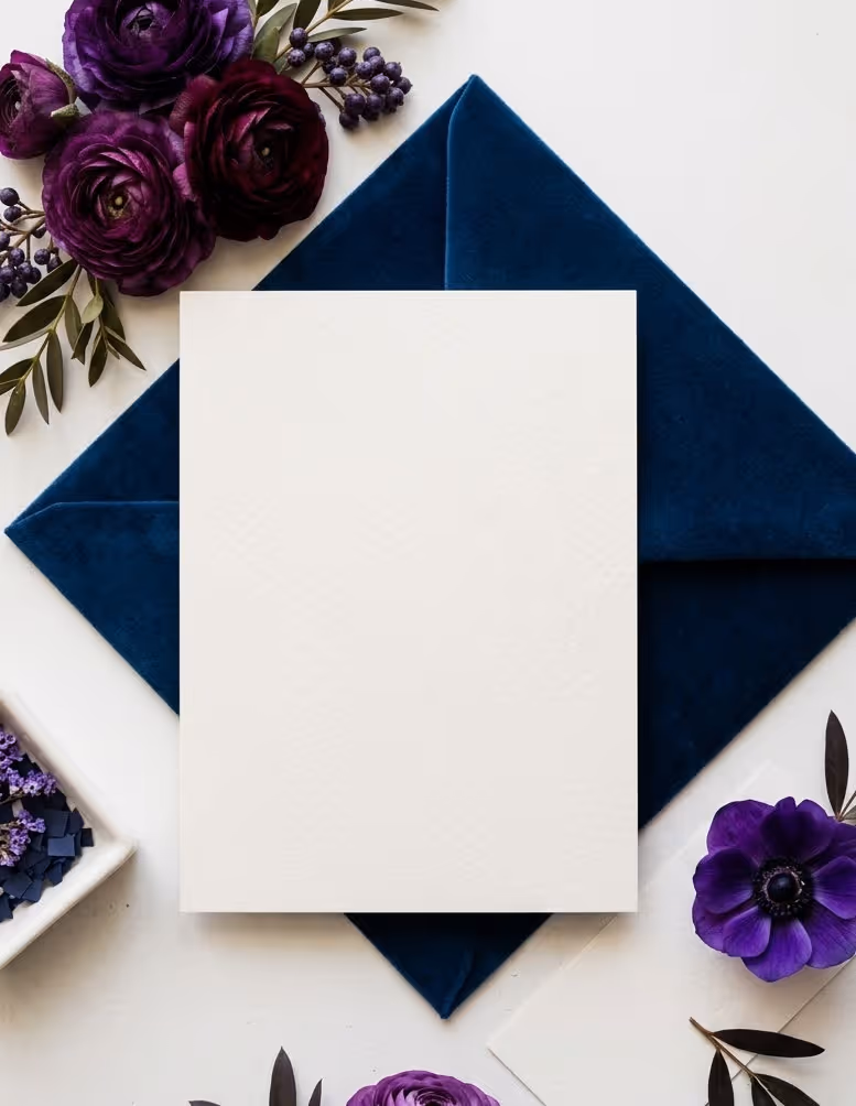 Blank white card on blue velvet envelope with purple flowers and green leaves on white surface.