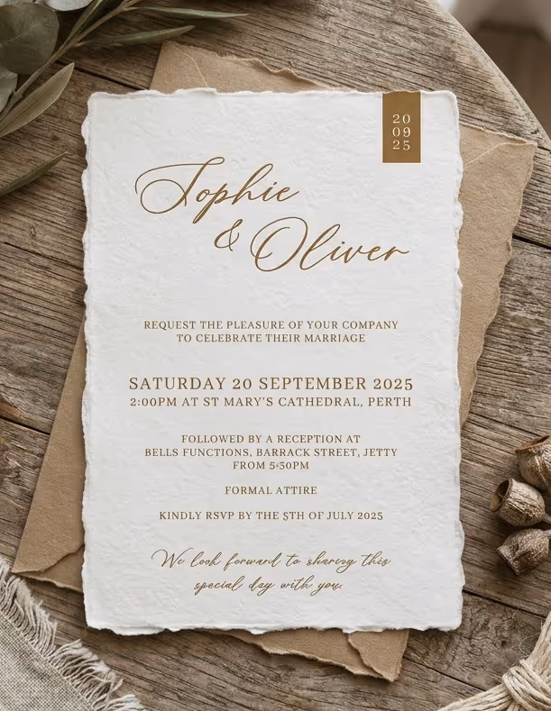 Wedding invitation for Sophie and Oliver, Saturday 20 September 2025 at St Mary's Cathedral, Perth.