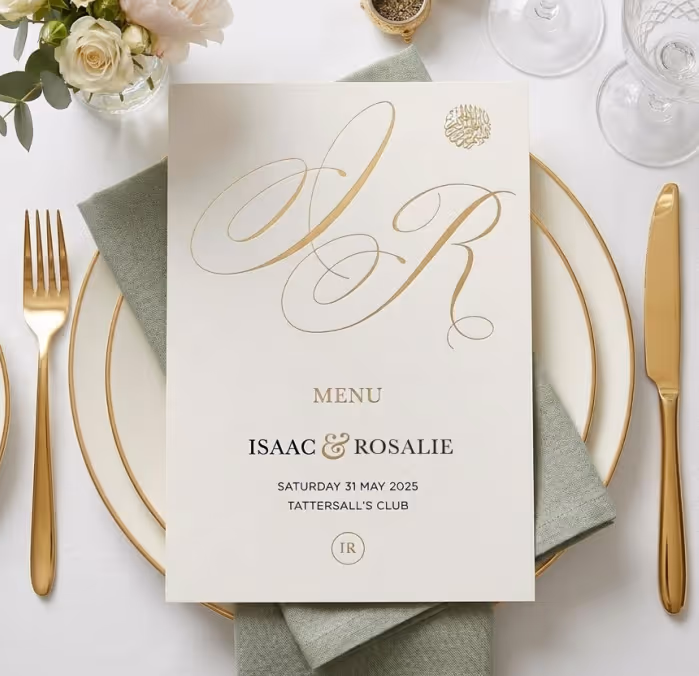 Elegant wedding menu for Isaac and Rosalie dated May 31, 2025, on plates with gold cutlery and flowers.