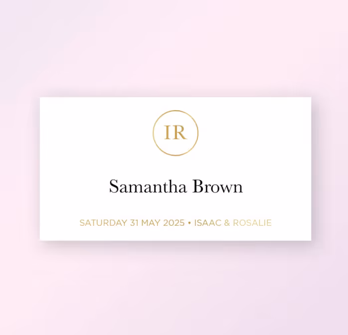 White card with gold circle initials IR, name Samantha Brown, and wedding date May 31, 2025, Isaac & Rosalie.