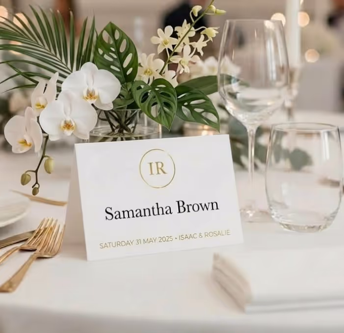 Wedding table setting with white orchids, green leaves, glassware, gold cutlery, and place card for Samantha Brown.