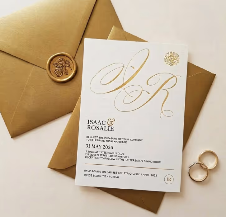 Elegant wedding invitation for Isaac and Rosalie on 31 May 2026 with gold accents and rings beside a gold envelope.