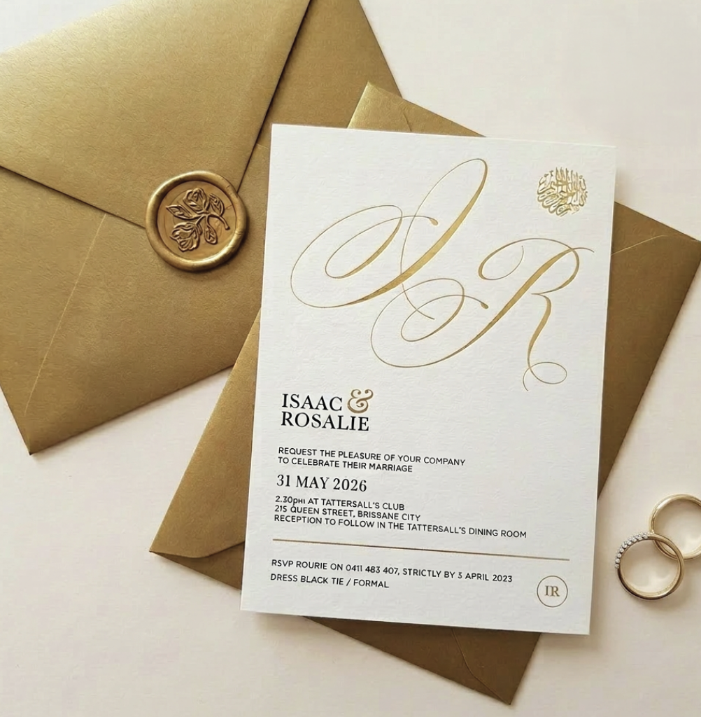 Gold Monogram wedding invitation with coordinating envelope and decorative liner.