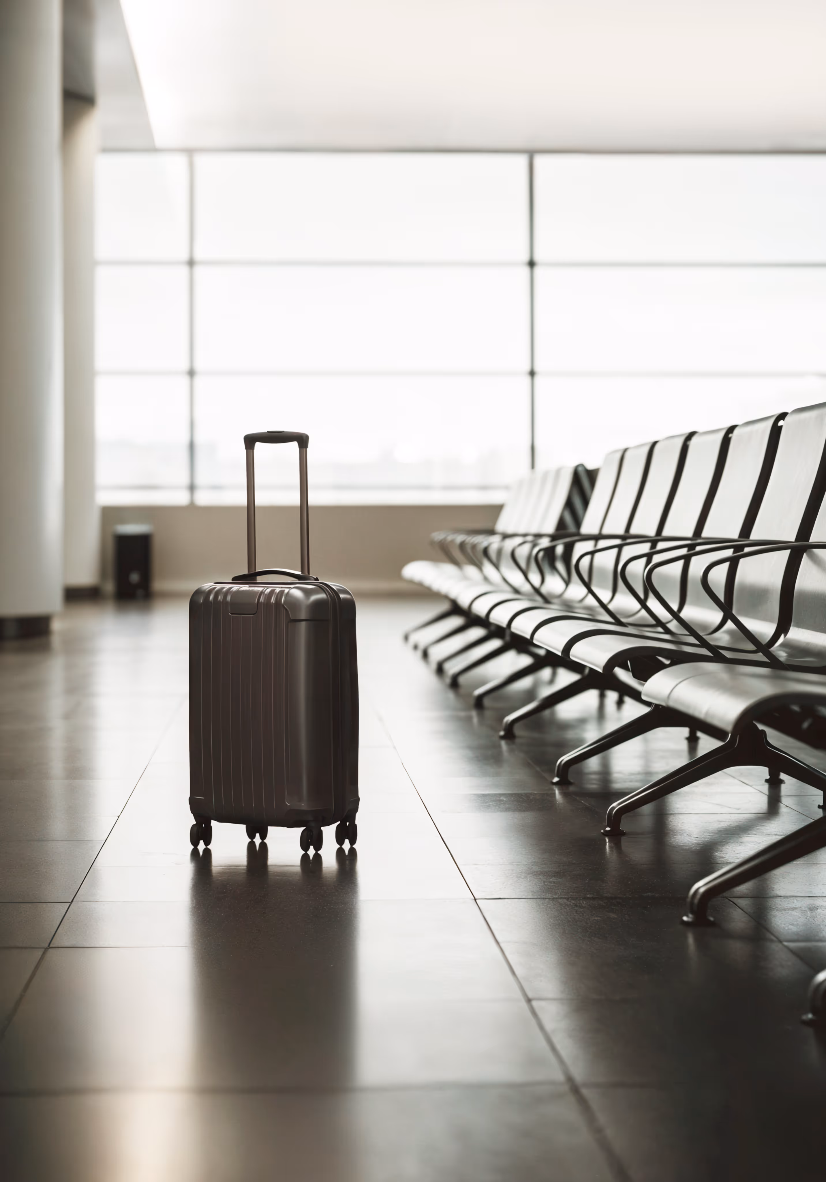Black wheeled suitcase standing alone in an empty airport terminal with rows of empty chairs along the right side.