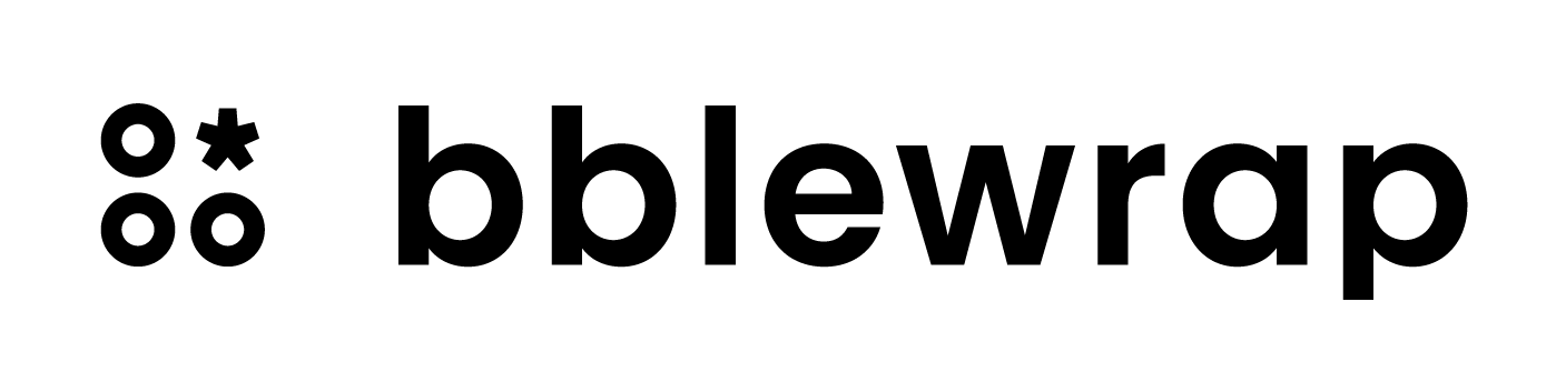 The image shows the logo of "bblewrap" with a design element featuring a cluster of four circles, one of which contains a starburst shape.
