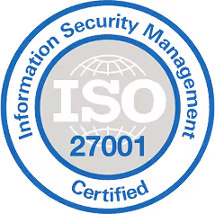 ISO 27001 Certified Information Security Management badge with globe icon.