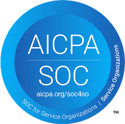 A blue AICPA SOC compliance badge with text 'SOC for Service Organizations | service organizations' and the URL 'aicpa.org/soc4so'.