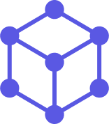 Blue 3D cube wireframe with connected circular nodes at each vertex and the center of the faces.