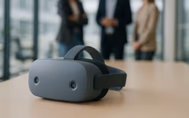 Gray virtual reality headset placed on a wooden table with three blurred people standing in the background.