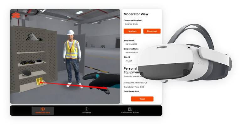 VR training simulation showing a worker in a safety vest and hard hat with a virtual hand pointing at equipment, alongside a moderator interface and a white Pico VR headset.