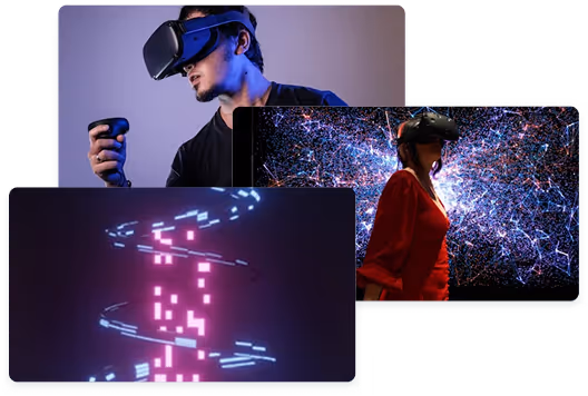 Collage of two people wearing VR headsets interacting with virtual reality environments and a glowing digital spiral structure.