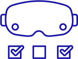 A lineart icon of a VR headset with three boxes in a horizontal row below. 2 of the three boxes are checked