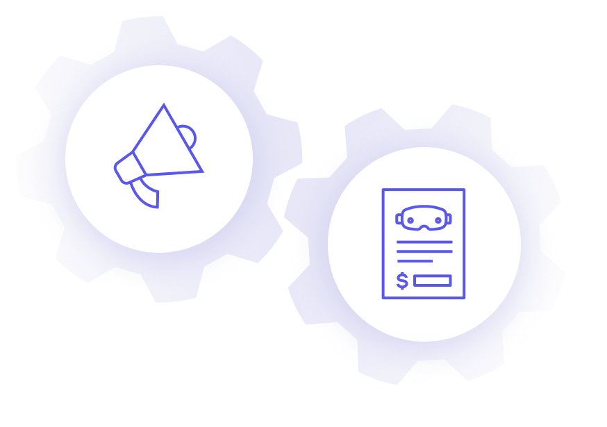 Two blue gear icons with white centers, one containing a megaphone symbol, the other a document with a virtual reality headset and a dollar sign.