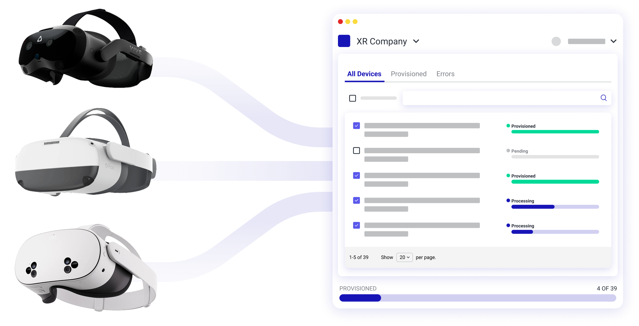 Three VR headsets connected by blue lines to a digital dashboard displaying device status and provisioning progress for XR Company.