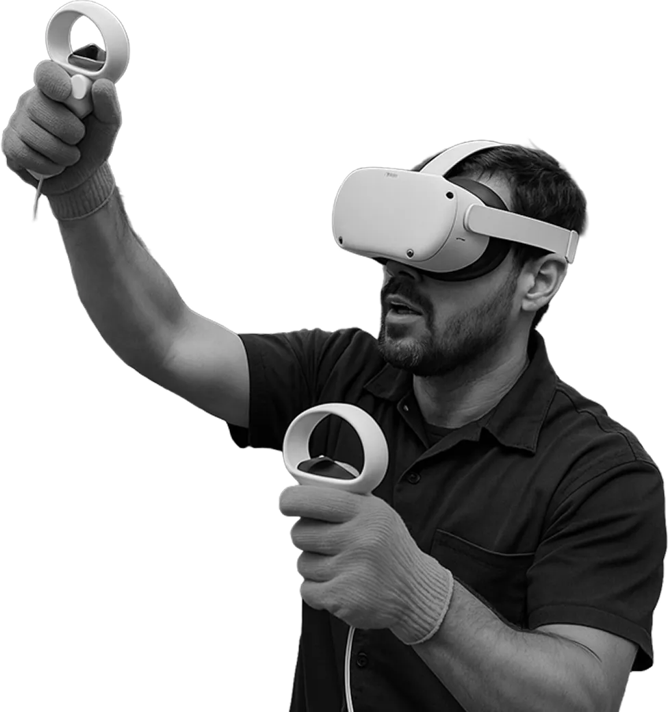 Man wearing a virtual reality headset and gloves, holding VR controllers in both hands.